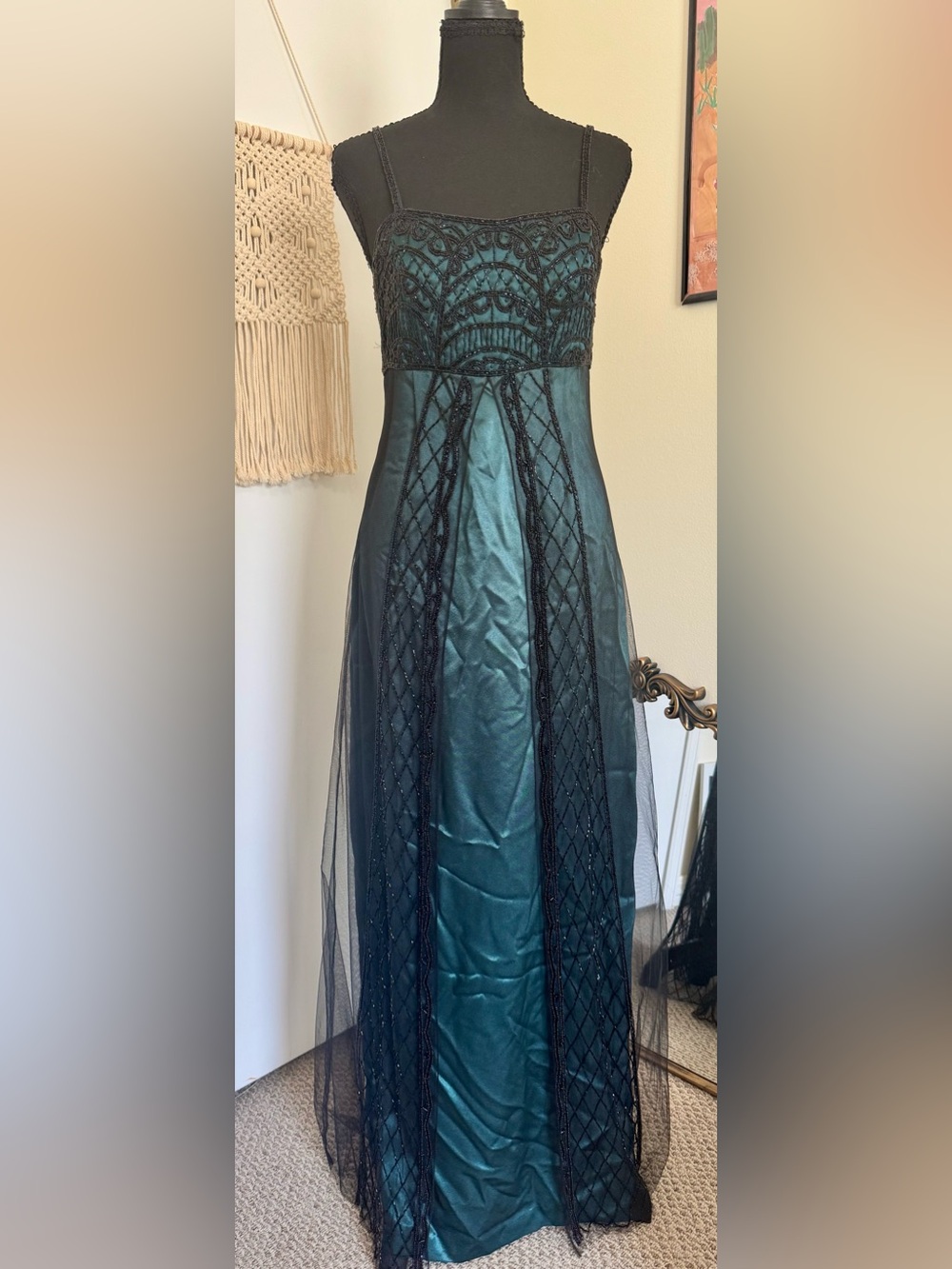 Jovani Emerald and Black Beaded Evening Gown